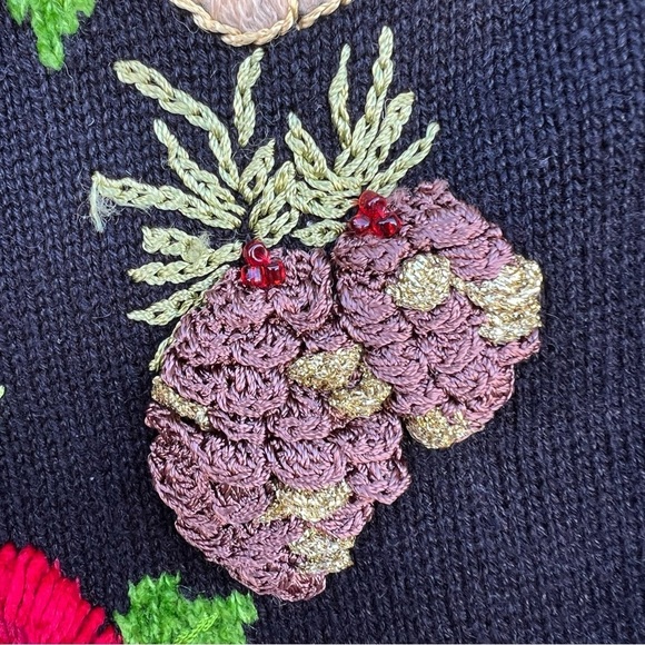 VTG Storybook Knits Holiday Floral Cardigan Sweater Embellished Black Gold Large - Picture 6 of 16